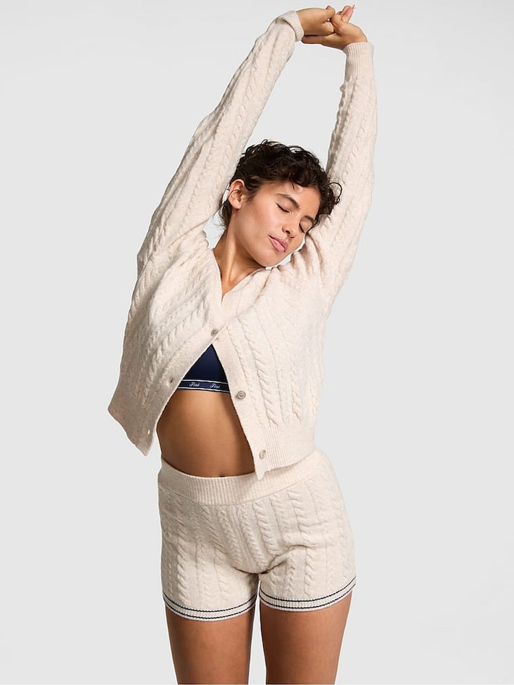 Victoria's Secret PINK Heather Oatmeal Beige Cropped Cable Knit Cardigan - Image 1 of 3