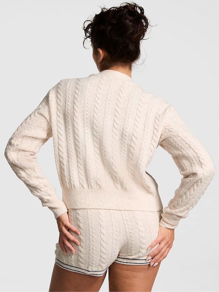 Victoria's Secret PINK Heather Oatmeal Beige Cropped Cable Knit Cardigan - Image 2 of 3