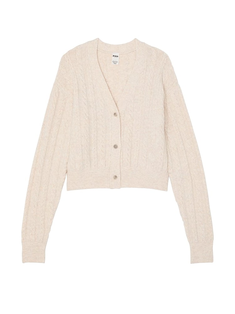 Victoria's Secret PINK Heather Oatmeal Beige Cropped Cable Knit Cardigan - Image 3 of 3