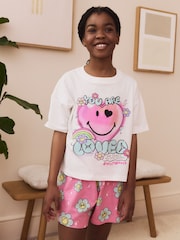 Pink/White 100% Cotton Smiley World Licence Short Pyjamas (3-16yrs) - Image 1 of 9