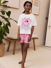 Pink/White 100% Cotton Smiley World Licence Short Pyjamas (3-16yrs) - Image 2 of 9