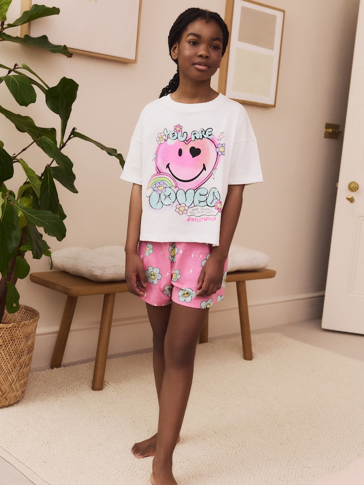 Pink/White 100% Cotton Smiley World Licence Short Pyjamas (3-16yrs) - Image 2 of 9