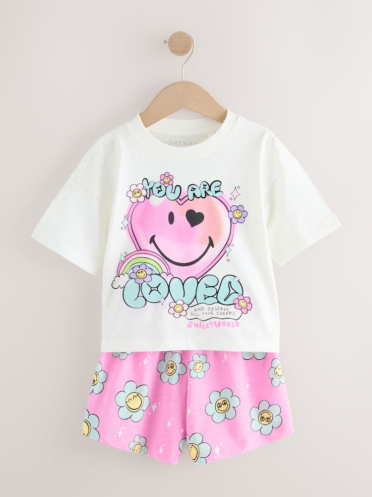 Pink/White 100% Cotton Smiley World Licence Short Pyjamas (3-16yrs) - Image 5 of 9