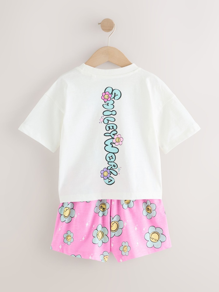 Pink/White 100% Cotton Smiley World Licence Short Pyjamas (3-16yrs) - Image 6 of 9