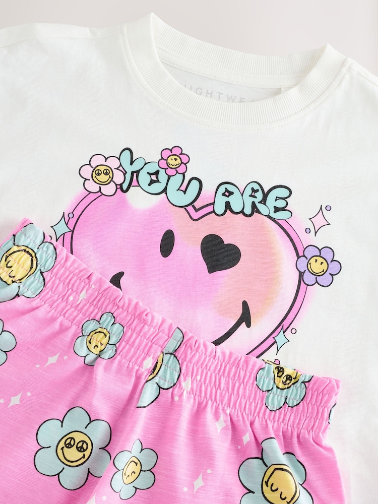 Pink/White 100% Cotton Smiley World Licence Short Pyjamas (3-16yrs) - Image 7 of 9