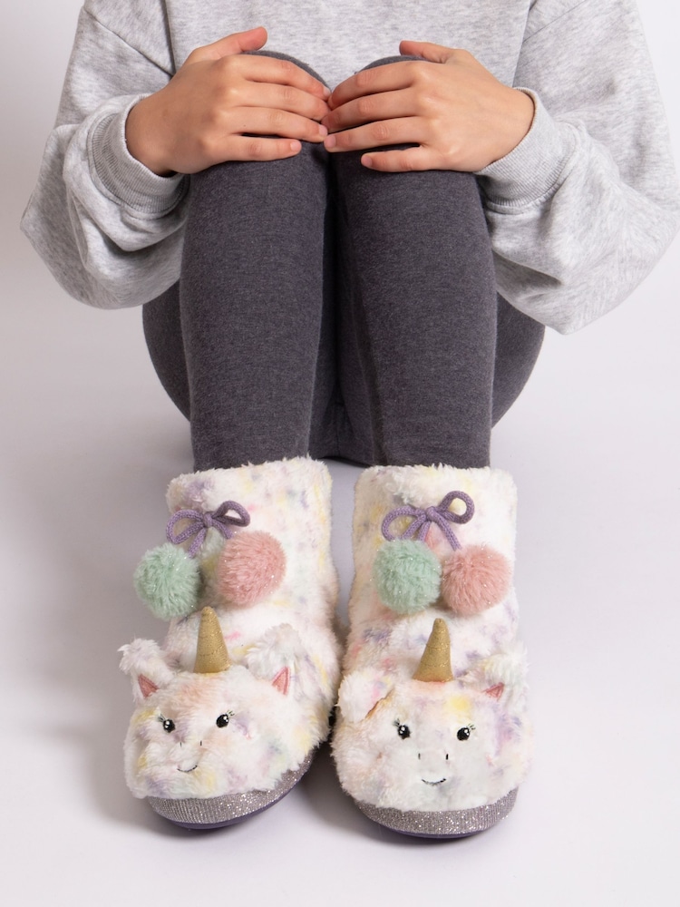 Totes Cream Childrens Totes Unicorn Faux Fur Winter Bootie Slippers - Image 1 of 5