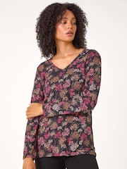 Roman Orange Floral Print Relaxed Stretch Tunic Top - Image 1 of 5