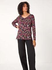 Roman Orange Floral Print Relaxed Stretch Tunic Top - Image 3 of 5