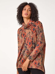 Roman Brown Print Cowl Neck Tunic Top - Image 1 of 5