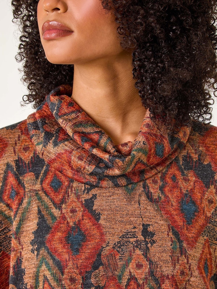 Roman Brown Print Cowl Neck Tunic Top - Image 5 of 5