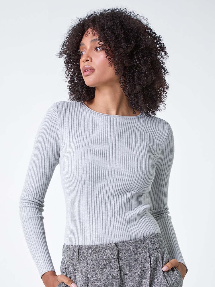 Roman Grey Soft Ribbed Stretch Knit Jumper - Image 1 of 5 Roman Grey Soft Ribbed Stretch Knit Jumper - Image 1 of 5