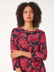 Roman Pink Floral Twist Detail Stretch Tunic Top - Image 1 of 5