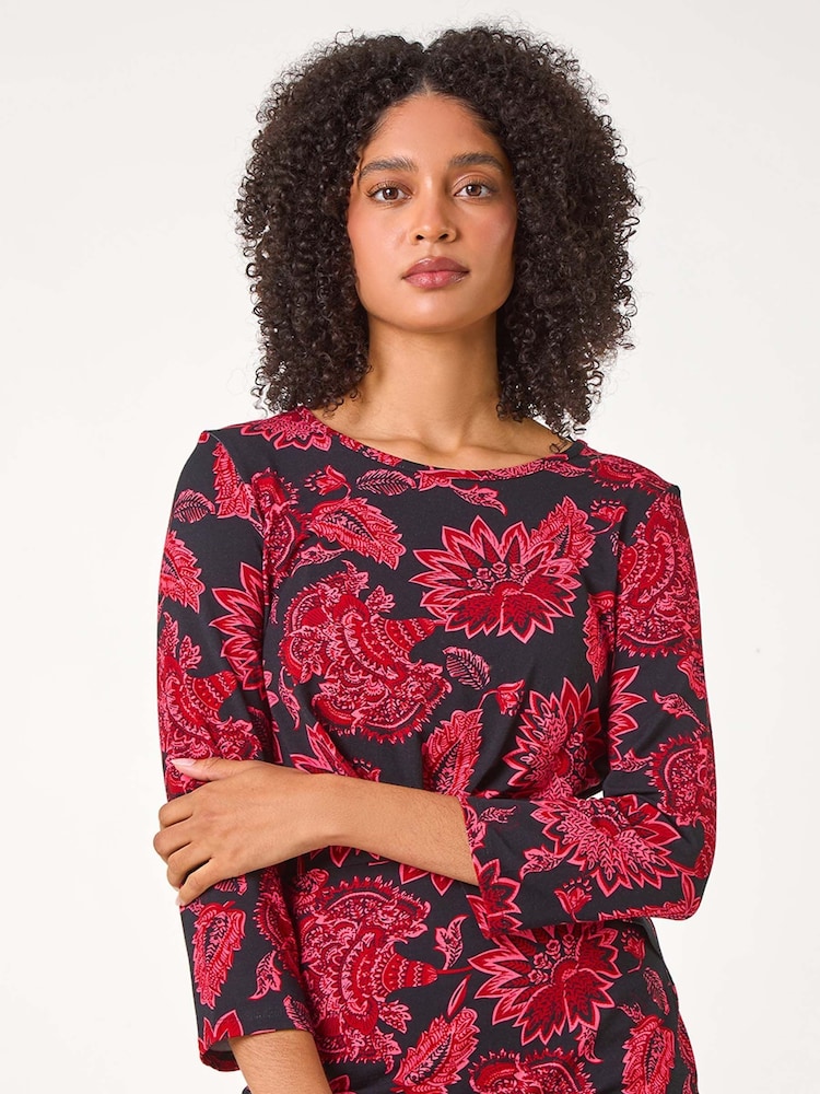 Roman Pink Floral Twist Detail Stretch Tunic Top - Image 1 of 5 Roman Pink Floral Twist Detail Stretch Tunic Top - Image 1 of 5