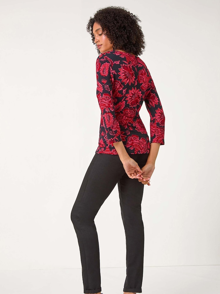 Roman Pink Floral Twist Detail Stretch Tunic Top - Image 2 of 5