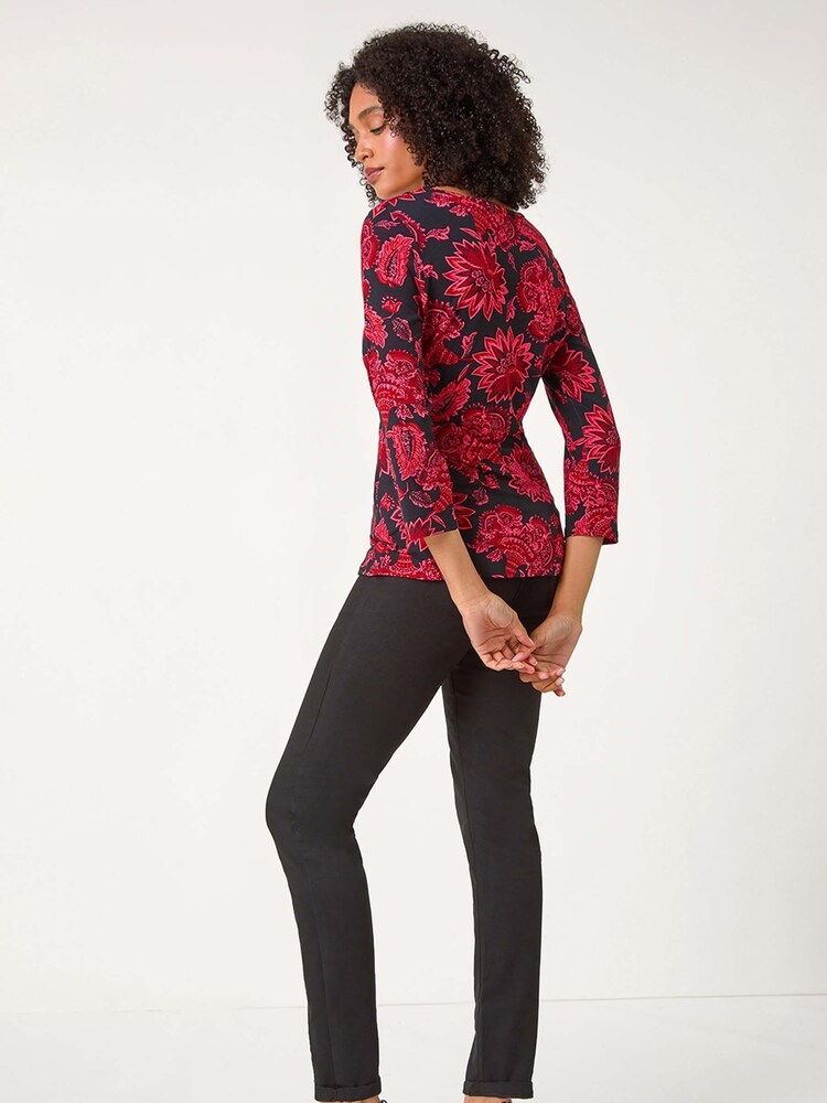 Roman Pink Floral Twist Detail Stretch Tunic Top - Image 2 of 5 Roman Pink Floral Twist Detail Stretch Tunic Top - Image 2 of 5