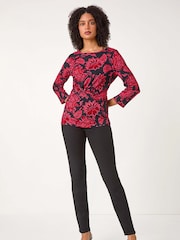 Roman Pink Floral Twist Detail Stretch Tunic Top - Image 3 of 5