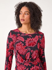 Roman Pink Floral Twist Detail Stretch Tunic Top - Image 4 of 5