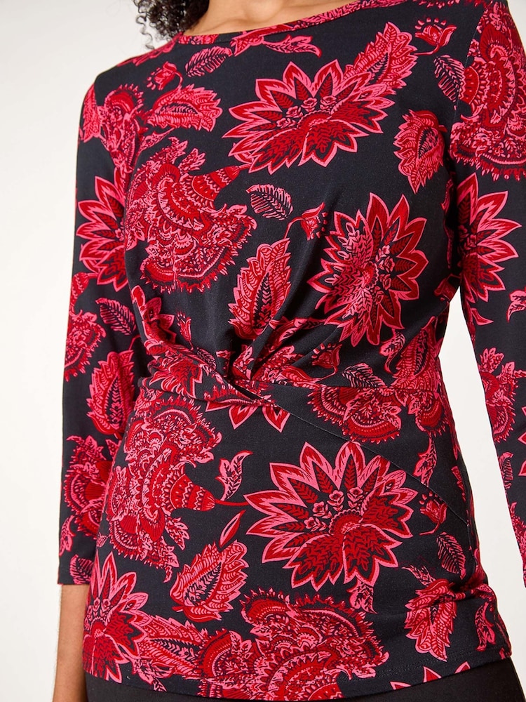 Roman Pink Floral Twist Detail Stretch Tunic Top - Image 5 of 5