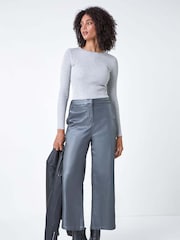 Roman Metallic Coated Wide Leg Cropped Trousers - Image 4 of 6