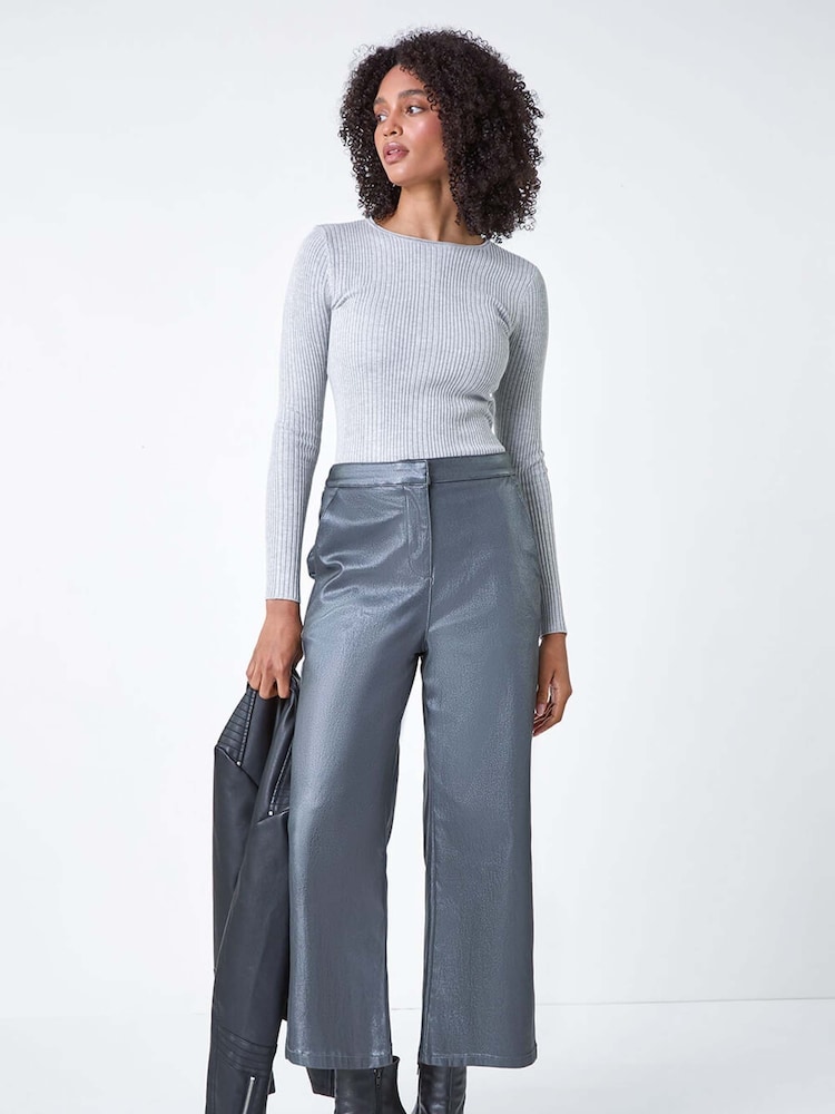 Roman Metallic Coated Wide Leg Cropped Trousers - Image 4 of 6