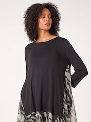 Roman Grey Abstract Print Contrast Mesh Hem Stretch Top - Image 1 of 5