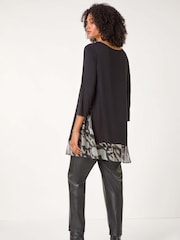 Roman Grey Abstract Print Contrast Mesh Hem Stretch Top - Image 2 of 5