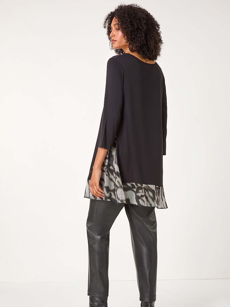 Roman Grey Abstract Print Contrast Mesh Hem Stretch Top - Image 2 of 5