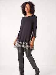 Roman Grey Abstract Print Contrast Mesh Hem Stretch Top - Image 3 of 5