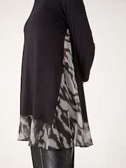 Roman Grey Abstract Print Contrast Mesh Hem Stretch Top - Image 5 of 5