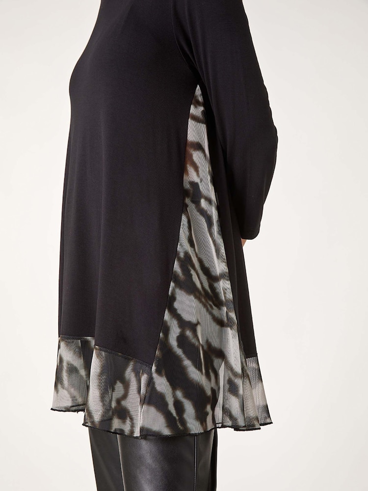 Roman Grey Abstract Print Contrast Mesh Hem Stretch Top - Image 5 of 5
