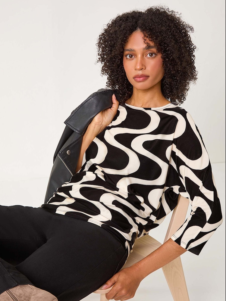 Roman Black Swirl Print Stretch Tunics Top - Image 1 of 5