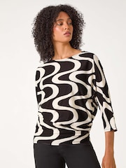 Roman Black Swirl Print Stretch Tunics Top - Image 4 of 5