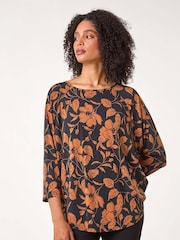 Roman Leaf Print Raglan Sleeve Stretch Top - Image 1 of 5