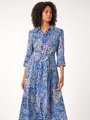 Roman Purple Animal Leopard Print Midi Shirt Dress - Image 1 of 5