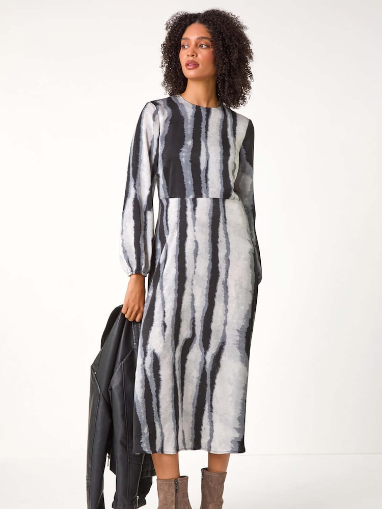 Roman Grey Shadow Stripe Print Midi Dress - Image 4 of 5
