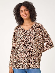Roman Natural Animal Print V-Neck Tunic Stretch Top - Image 1 of 6