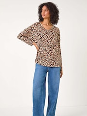 Roman Natural Animal Print V-Neck Tunic Stretch Top - Image 4 of 6
