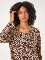 Roman Natural Animal Print V-Neck Tunic Stretch Top - Image 5 of 6