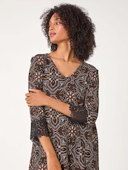 Roman Black Abstract Print Lace Detail Tunic Top - Image 1 of 5
