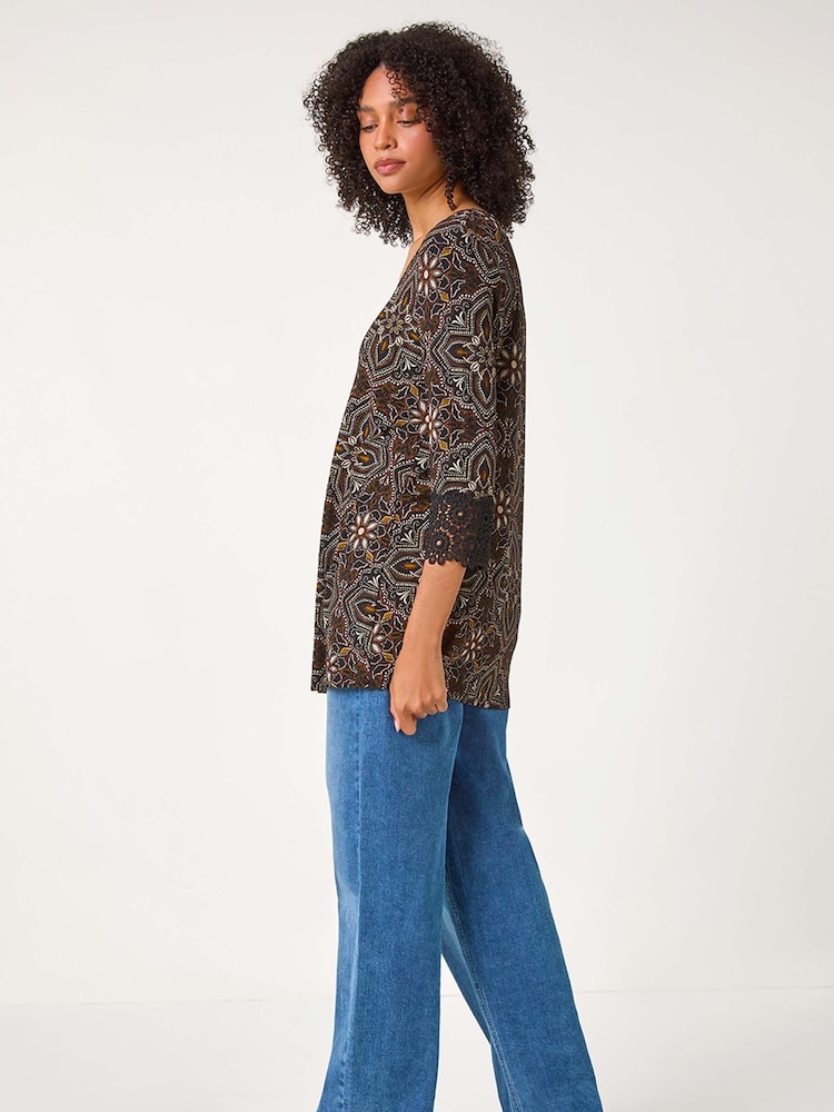 Roman Black Abstract Print Lace Detail Tunic Top - Image 2 of 5