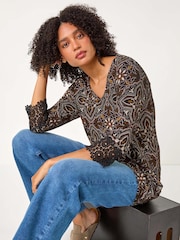 Roman Black Abstract Print Lace Detail Tunic Top - Image 3 of 5