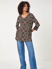 Roman Black Abstract Print Lace Detail Tunic Top - Image 4 of 5