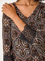 Roman Black Abstract Print Lace Detail Tunic Top - Image 5 of 5