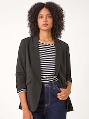 Roman Black Ruched Sleeve Stretch Blazer - Image 1 of 5