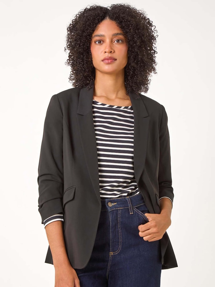 Roman Black Ruched Sleeve Stretch Blazer - Image 1 of 5