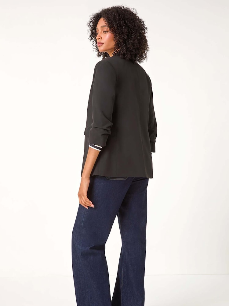 Roman Black Ruched Sleeve Stretch Blazer - Image 2 of 5