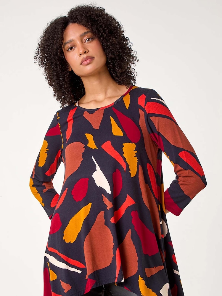 Roman Red Abstract Print Hanky Hem Stretch Top - Image 1 of 5