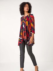 Roman Red Abstract Print Hanky Hem Stretch Top - Image 3 of 5