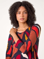 Roman Red Abstract Print Hanky Hem Stretch Top - Image 4 of 5