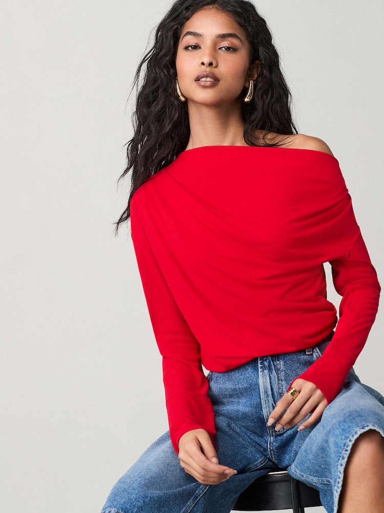 Red Off Shoulder Long Sleeve Drape Jersey Top - Image 1 of 4